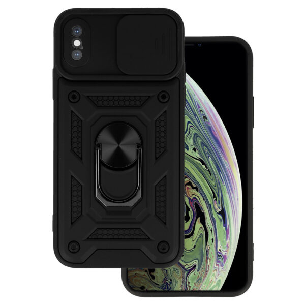 Husa telefon, compatibila cu Apple iPhone X / XS, Rugged Shield LensProtect, Anti-soc, Capac glisant pentru camere, Protectie lentile, Acoperire completa, Inel de prindere, Magnet, Negru