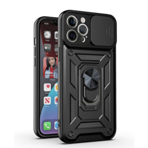 Husa telefon, compatibila cu Apple iPhone 11 Pro, Rugged Shield LensProtect, Anti-soc, Capac glisant pentru camere, Protectie lentile, Acoperire completa, Inel de prindere, Magnet, Negru