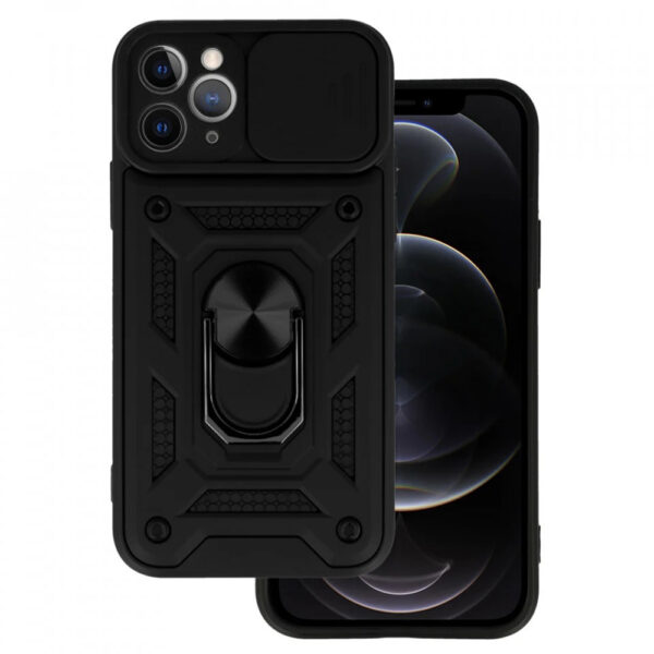 Husa telefon, compatibila cu Apple iPhone 12 Pro Max, Rugged Shield LensProtect, Anti-soc, Capac glisant pentru camere, Protectie lentile, Acoperire completa, Inel de prindere, Magnet, Negru