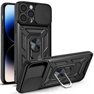 Husa telefon, compatibila cu Apple iPhone 14 Pro Max, Rugged Shield LensProtect, Anti-soc, Capac glisant pentru camere, Protectie lentile, Acoperire completa, Inel de prindere, Magnet, Negru