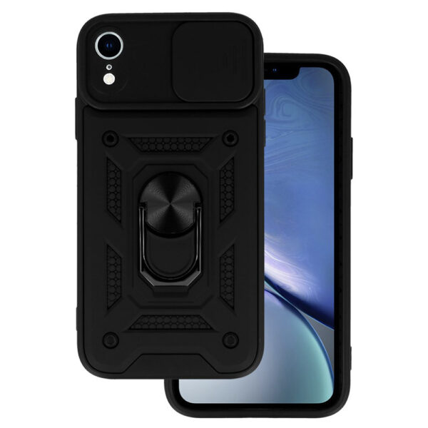 Husa telefon, compatibila cu Apple iPhone XR, Rugged Shield LensProtect, Anti-soc, Capac glisant pentru camere, Protectie lentile, Acoperire completa, Inel de prindere, Magnet, Negru