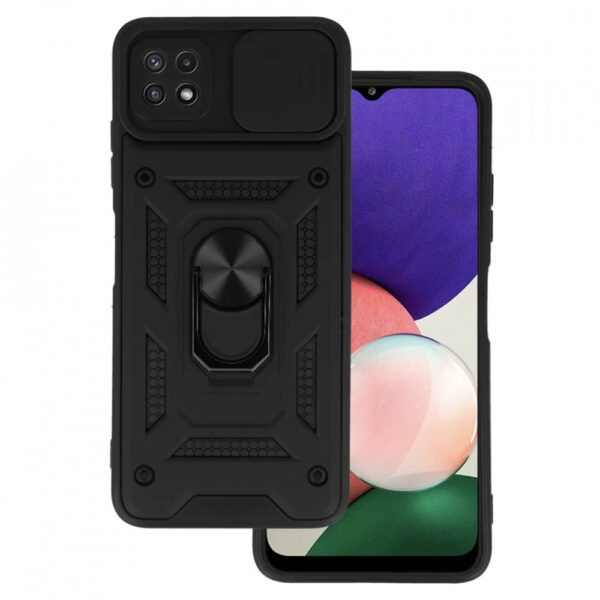 Husa telefon, compatibila cu Samsung Galaxy A22 5G, Rugged Shield LensProtect, Anti-soc, Capac glisant pentru camere, Protectie lentile, Acoperire completa, Inel de prindere, Magnet, Negru