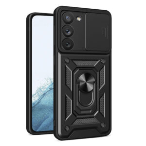 Husa telefon, compatibila cu Samsung Galaxy S23 Plus, Rugged Shield LensProtect, Anti-soc, Capac glisant pentru camere, Protectie lentile, Acoperire completa, Inel de prindere, Magnet, Negru