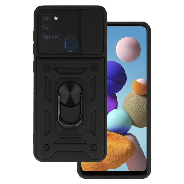 Husa telefon, compatibila cu Samsung Galaxy A21s, Rugged Shield LensProtect, Anti-soc, Capac glisant pentru camere, Protectie lentile, Acoperire completa, Inel de prindere, Magnet, Negru