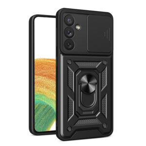 Husa telefon, compatibila cu Samsung Galaxy A54 5G, Rugged Shield LensProtect, Anti-soc, Capac glisant pentru camere, Protectie lentile, Acoperire completa, Inel de prindere, Magnet, Negru