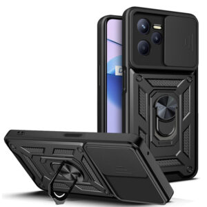 Husa telefon, compatibila cu Realme C35, Rugged Shield LensProtect, Anti-soc, Capac glisant pentru camere, Protectie lentile, Acoperire completa, Inel de prindere, Magnet, Negru