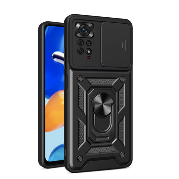 Husa telefon, compatibila cu Xiaomi Redmi Note 11 4G / Note 11s, Rugged Shield LensProtect, Anti-soc, Capac glisant pentru camere, Protectie lentile, Acoperire completa, Inel de prindere, Magnet, Negru