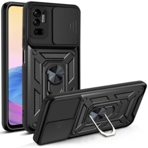 Husa telefon, compatibila cu Xiaomi Redmi Note 10 5G, Rugged Shield LensProtect, Anti-soc, Capac glisant pentru camere, Protectie lentile, Acoperire completa, Inel de prindere, Magnet, Negru