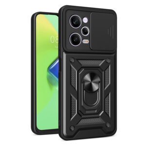 Husa telefon, compatibila cu Xiaomi Redmi Note 12 5G, Rugged Shield LensProtect, Anti-soc, Capac glisant pentru camere, Protectie lentile, Acoperire completa, Inel de prindere, Magnet, Negru