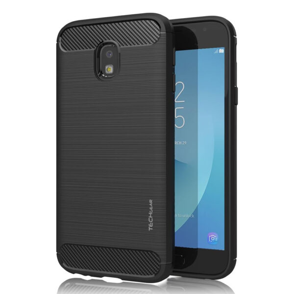 Husa Supreme Carbon compatibila cu Samsung Galaxy J3 (2017), Protectie precisa, Design canelat, Margini ranforsate, Anti-amprente, Negru