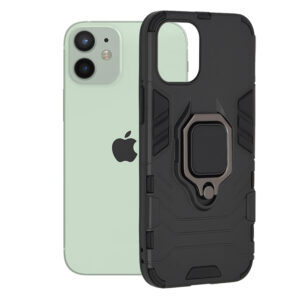 Husa COMANDO Armor Ring compatibila cu Iphone 12 mini, Tactical Defense Protect, Hybrid Antishock, Placuta metalica integrata pentru prindere suport auto, Inel rotativ 360 grade, PVC si PC, Negru