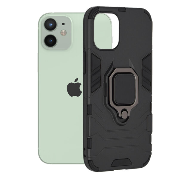 Husa COMANDO Armor Ring compatibila cu Iphone 12 mini, Tactical Defense Protect, Hybrid Antishock, Placuta metalica integrata pentru prindere suport auto, Inel rotativ 360 grade, PVC si PC, Negru