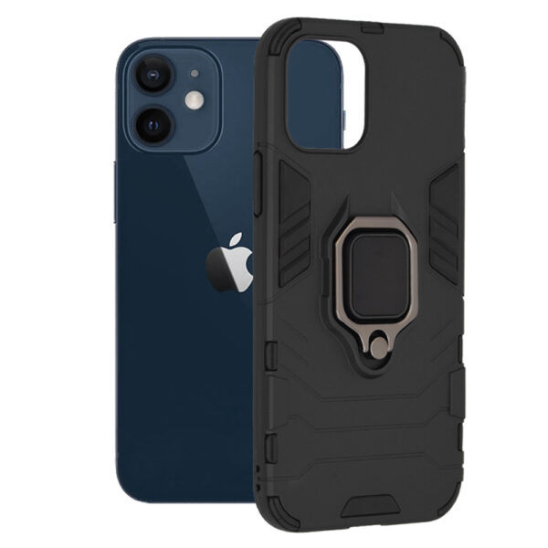 Husa COMANDO Armor Ring compatibila cu Iphone 12, Tactical Defense Protect, Hybrid Antishock, Placuta metalica integrata pentru prindere suport auto, Inel rotativ 360 grade, PVC si PC, Negru