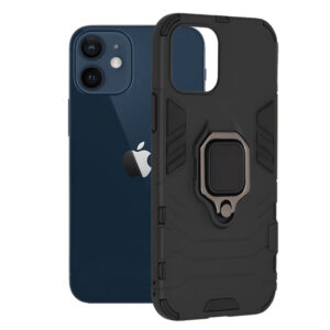 Husa COMANDO Armor Ring compatibila cu Iphone 12 Pro, Tactical Defense Protect, Hybrid Antishock, Placuta metalica integrata pentru prindere suport auto, Inel rotativ 360 grade, PVC si PC, Negru