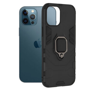 Husa COMANDO Armor Ring compatibila cu Iphone 12 Pro Max, Tactical Defense Protect, Hybrid Antishock, Placuta metalica integrata pentru prindere suport auto, Inel rotativ 360 grade, PVC si PC, Negru