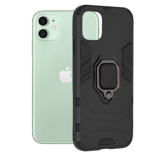 Husa COMANDO Armor Ring compatibila cu Iphone 11, Tactical Defense Protect, Hybrid Antishock, Placuta metalica integrata pentru prindere suport auto, Inel rotativ 360 grade, PVC si PC, Negru