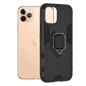 Husa COMANDO Armor Ring compatibila cu Iphone 11 Pro, Tactical Defense Protect, Hybrid Antishock, Placuta metalica integrata pentru prindere suport auto, Inel rotativ 360 grade, PVC si PC, Negru