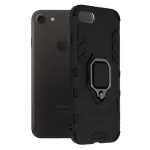 Husa COMANDO Armor Ring compatibila cu iPhone SE 2/ SE 2020, Tactical Defense Protect, Hybrid Antishock, Placuta metalica integrata pentru prindere suport auto, Inel rotativ 360 grade, PVC si PC, Negru