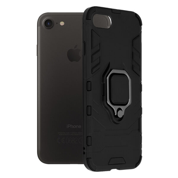 Husa COMANDO Armor Ring compatibila cu iPhone SE 3/ SE 2022, Tactical Defense Protect, Hybrid Antishock, Placuta metalica integrata pentru prindere suport auto, Inel rotativ 360 grade, PVC si PC, Negru