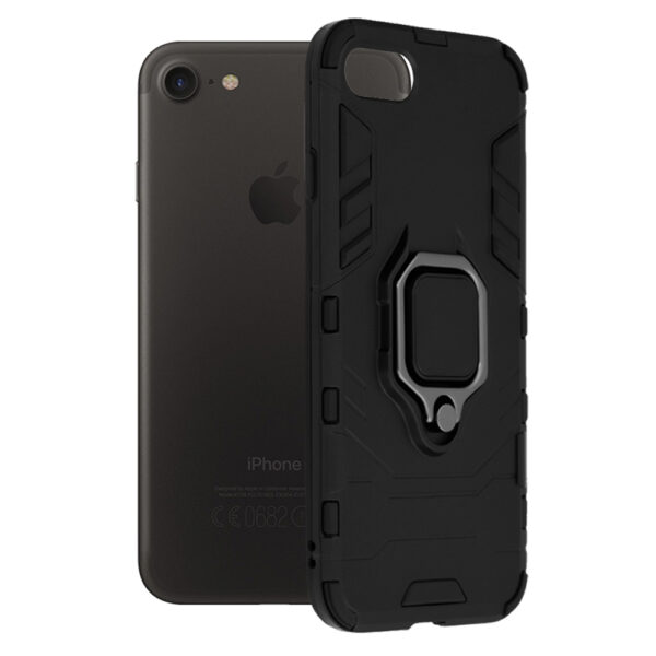 Husa COMANDO Armor Ring compatibila cu iPhone 7/ 8, Tactical Defense Protect, Hybrid Antishock, Placuta metalica integrata pentru prindere suport auto, Inel rotativ 360 grade, PVC si PC, Negru