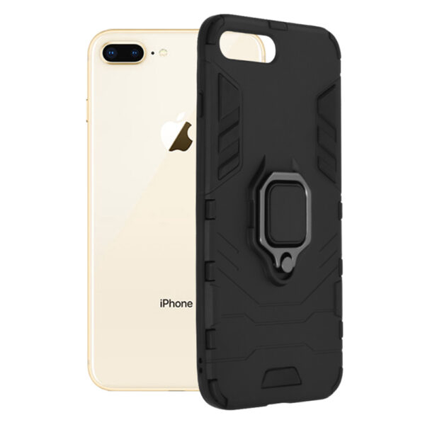 Husa COMANDO Armor Ring compatibila cu iPhone 8 Plus/ 7 Plus, Tactical Defense Protect, Hybrid Antishock, Placuta metalica integrata pentru prindere suport auto, Inel rotativ 360 grade, PVC si PC, Negru