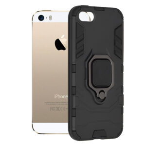 Husa COMANDO Armor Ring compatibila cu iPhone 5/ 5s/ SE, Tactical Defense Protect, Hybrid Antishock, Placuta metalica integrata pentru prindere suport auto, Inel rotativ 360 grade, PVC si PC, Negru