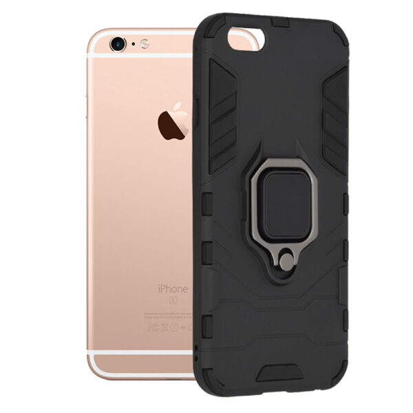 Husa COMANDO Armor Ring compatibila cu iPhone 6/ 6S, Tactical Defense Protect, Hybrid Antishock, Placuta metalica integrata pentru prindere suport auto, Inel rotativ 360 grade, PVC si PC, Negru