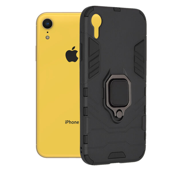 Husa COMANDO Armor Ring compatibila cu iPhone XR, Tactical Defense Protect, Hybrid Antishock, Placuta metalica integrata pentru prindere suport auto, Inel rotativ 360 grade, PVC si PC, Negru