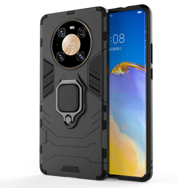 Husa COMANDO Armor Ring compatibila cu Huawei Mate 40 Pro, Tactical Defense Protect, Hybrid Antishock, Placuta metalica integrata pentru prindere suport auto, Inel rotativ 360 grade, PVC si PC, Negru