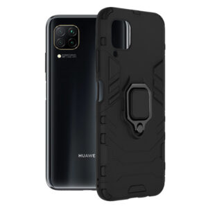 Husa COMANDO Armor Ring compatibila cu Huawei P40 Lite, Tactical Defense Protect, Hybrid Antishock, Placuta metalica integrata pentru prindere suport auto, Inel rotativ 360 grade, PVC si PC, Negru