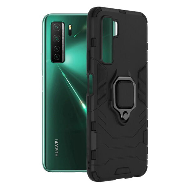 Husa COMANDO Armor Ring compatibila cu Huawei P40 Lite 5G, Tactical Defense Protect, Hybrid Antishock, Placuta metalica integrata pentru prindere suport auto, Inel rotativ 360 grade, PVC si PC, Negru