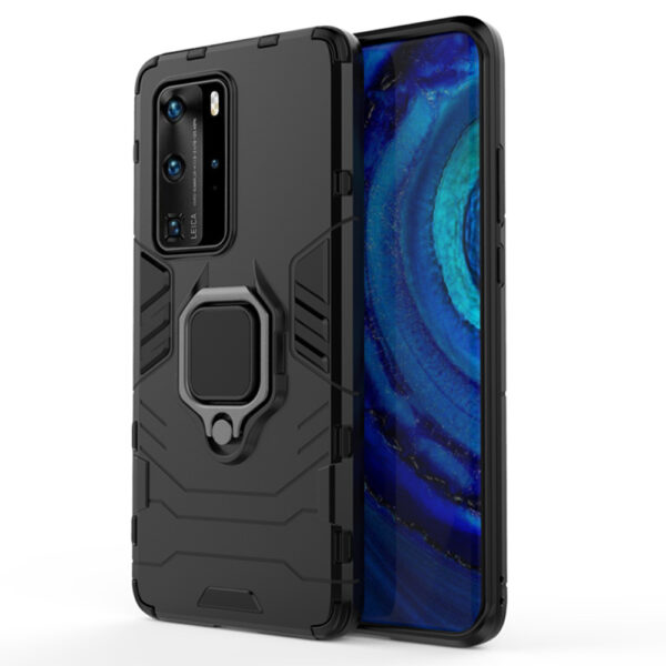 Husa COMANDO Armor Ring compatibila cu Huawei P40 Pro, Tactical Defense Protect, Hybrid Antishock, Placuta metalica integrata pentru prindere suport auto, Inel rotativ 360 grade, PVC si PC, Negru