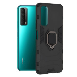 Husa COMANDO Armor Ring compatibila cu Huawei P Smart 2021, Tactical Defense Protect, Hybrid Antishock, Placuta metalica integrata pentru prindere suport auto, Inel rotativ 360 grade, PVC si PC, Negru