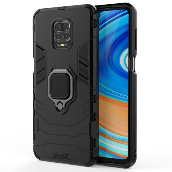 Husa COMANDO Armor Ring compatibila cu Xiaomi Redmi Note 9 Pro/ Note 9S/ Note 9 Pro Max, Tactical Defense Protect, Hybrid Antishock, Placuta metalica integrata pentru prindere suport auto, Inel rotativ 360 grade, PVC si PC, Negru