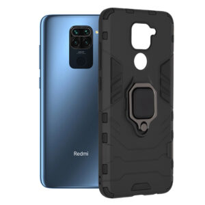 Husa COMANDO Armor Ring compatibila cu Xiaomi Redmi Note 9/ Redmi 10X 4G, Tactical Defense Protect, Hybrid Antishock, Placuta metalica integrata pentru prindere suport auto, Inel rotativ 360 grade, PVC si PC, Negru