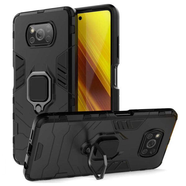 Husa COMANDO Armor Ring compatibila cu Xiaomi Poco X3 Pro/ X3 NFC/ X3, Tactical Defense Protect, Hybrid Antishock, Placuta metalica integrata pentru prindere suport auto, Inel rotativ 360 grade, PVC si PC, Negru