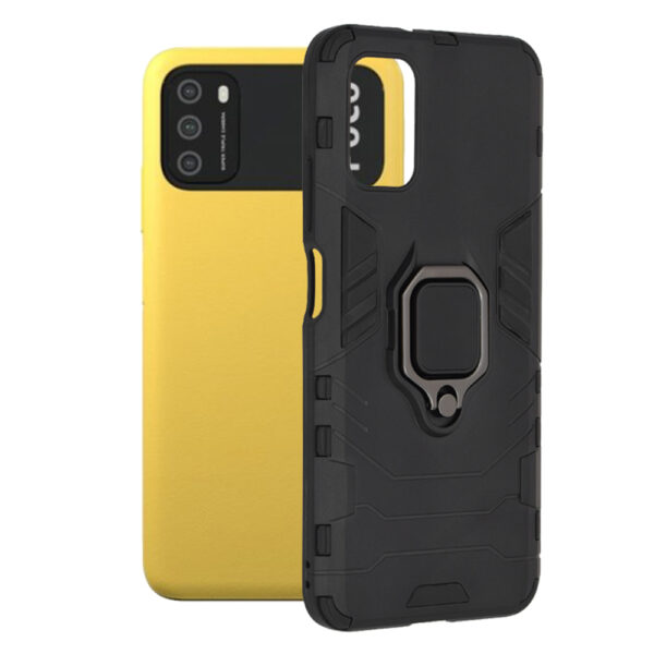 Husa COMANDO Armor Ring compatibila cu Xiaomi Poco M3, Tactical Defense Protect, Hybrid Antishock, Placuta metalica integrata pentru prindere suport auto, Inel rotativ 360 grade, PVC si PC, Negru