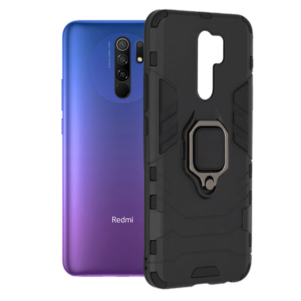 Husa COMANDO Armor Ring compatibila cu Xiaomi Redmi 9, Tactical Defense Protect, Hybrid Antishock, Placuta metalica integrata pentru prindere suport auto, Inel rotativ 360 grade, PVC si PC, Negru