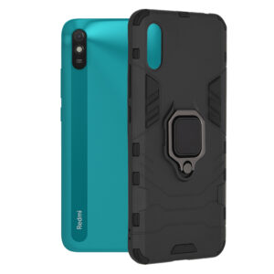 Husa COMANDO Armor Ring compatibila cu Xiaomi Redmi 9A/ 9AT, Tactical Defense Protect, Hybrid Antishock, Placuta metalica integrata pentru prindere suport auto, Inel rotativ 360 grade, PVC si PC, Negru