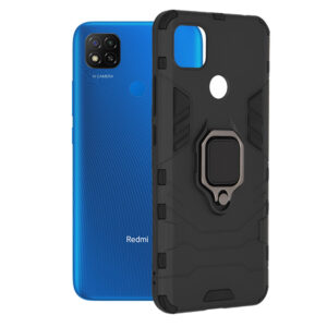 Husa COMANDO Armor Ring compatibila cu Xiaomi Redmi 9C/ 9C NFC, Tactical Defense Protect, Hybrid Antishock, Placuta metalica integrata pentru prindere suport auto, Inel rotativ 360 grade, PVC si PC, Negru