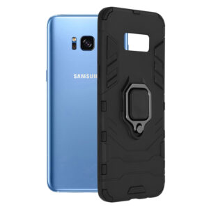 Husa COMANDO Armor Ring compatibila cu Samsung Galaxy S8 Plus, Tactical Defense Protect, Hybrid Antishock, Placuta metalica integrata pentru prindere suport auto, Inel rotativ 360 grade, PVC si PC, Negru