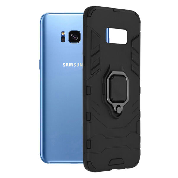 Husa COMANDO Armor Ring compatibila cu Samsung Galaxy S8 Plus, Tactical Defense Protect, Hybrid Antishock, Placuta metalica integrata pentru prindere suport auto, Inel rotativ 360 grade, PVC si PC, Negru