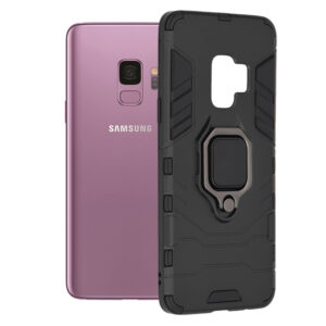 Husa COMANDO Armor Ring compatibila cu Samsung Galaxy S9, Tactical Defense Protect, Hybrid Antishock, Placuta metalica integrata pentru prindere suport auto, Inel rotativ 360 grade, PVC si PC, Negru