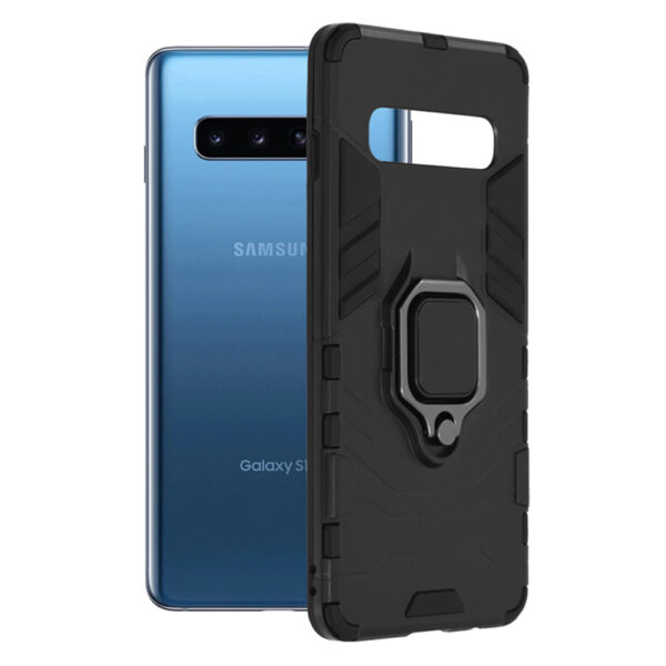 Husa COMANDO Armor Ring compatibila cu Samsung Galaxy S10, Tactical Defense Protect, Hybrid Antishock, Placuta metalica integrata pentru prindere suport auto, Inel rotativ 360 grade, PVC si PC, Negru