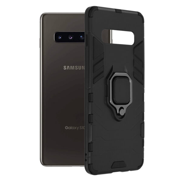 Husa COMANDO Armor Ring compatibila cu Samsung Galaxy S10Plus, Tactical Defense Protect, Hybrid Antishock, Placuta metalica integrata pentru prindere suport auto, Inel rotativ 360 grade, PVC si PC, Negru