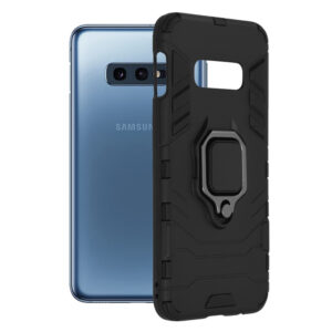 Husa COMANDO Armor Ring compatibila cu Samsung Galaxy S10e, Tactical Defense Protect, Hybrid Antishock, Placuta metalica integrata pentru prindere suport auto, Inel rotativ 360 grade, PVC si PC, Negru