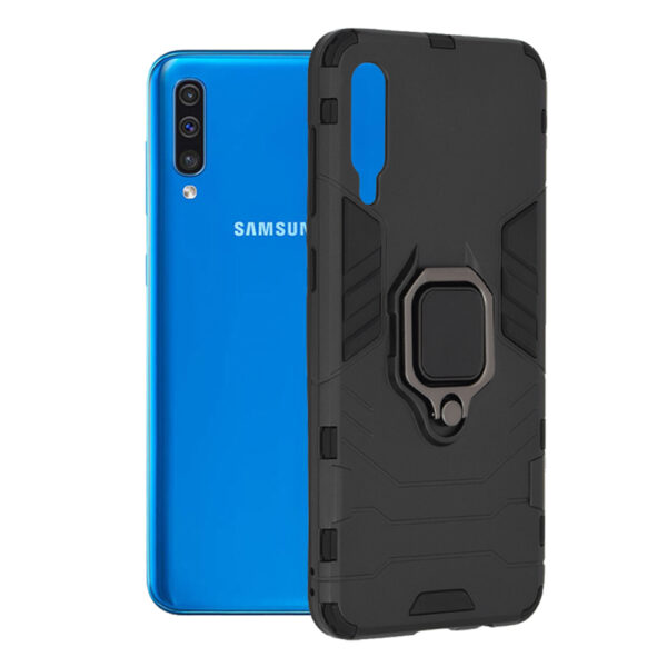 Husa COMANDO Armor Ring compatibila cu Samsung Galaxy A50/ A30s, Tactical Defense Protect, Hybrid Antishock, Placuta metalica integrata pentru prindere suport auto, Inel rotativ 360 grade, PVC si PC, Negru