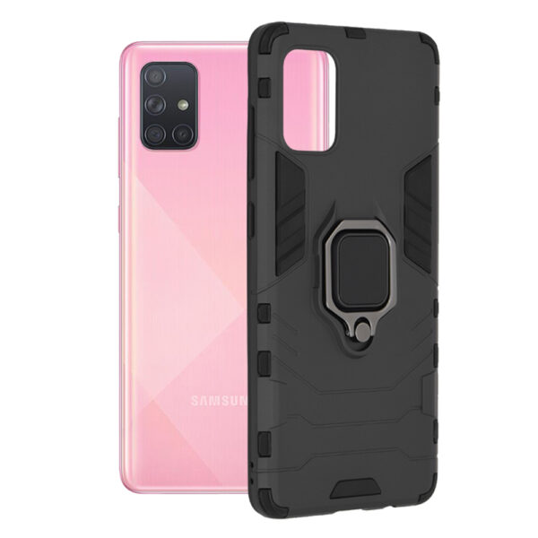 Husa COMANDO Armor Ring compatibila cu Samsung Galaxy A71 4G, Tactical Defense Protect, Hybrid Antishock, Placuta metalica integrata pentru prindere suport auto, Inel rotativ 360 grade, PVC si PC, Negru