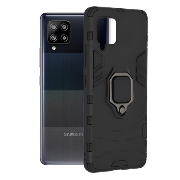 Husa COMANDO Armor Ring compatibila cu Samsung Galaxy A42 5G, Tactical Defense Protect, Hybrid Antishock, Placuta metalica integrata pentru prindere suport auto, Inel rotativ 360 grade, PVC si PC, Negru