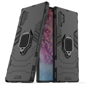 Husa COMANDO Armor Ring compatibila cu Samsung Galaxy Note 10 Plus, Tactical Defense Protect, Hybrid Antishock, Placuta metalica integrata pentru prindere suport auto, Inel rotativ 360 grade, PVC si PC, Negru